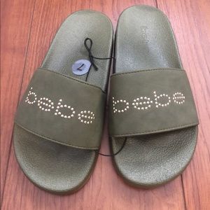 Bebe slides olive green w gold logo size 7 NWT